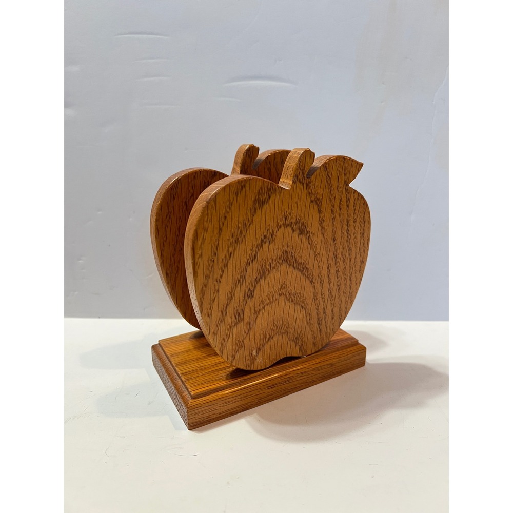Vintage Wood Apple Napkin Holder Honey Oak Farmhouse Kitchen Decor Upright Stand